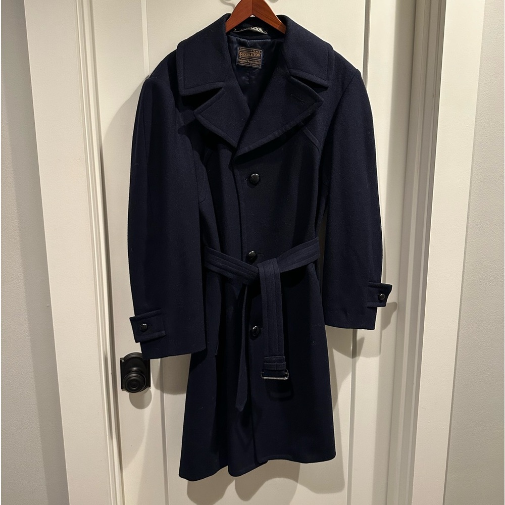 Vintage Pendleton Wool Trench Coat Men Belted Overcoat Button Front